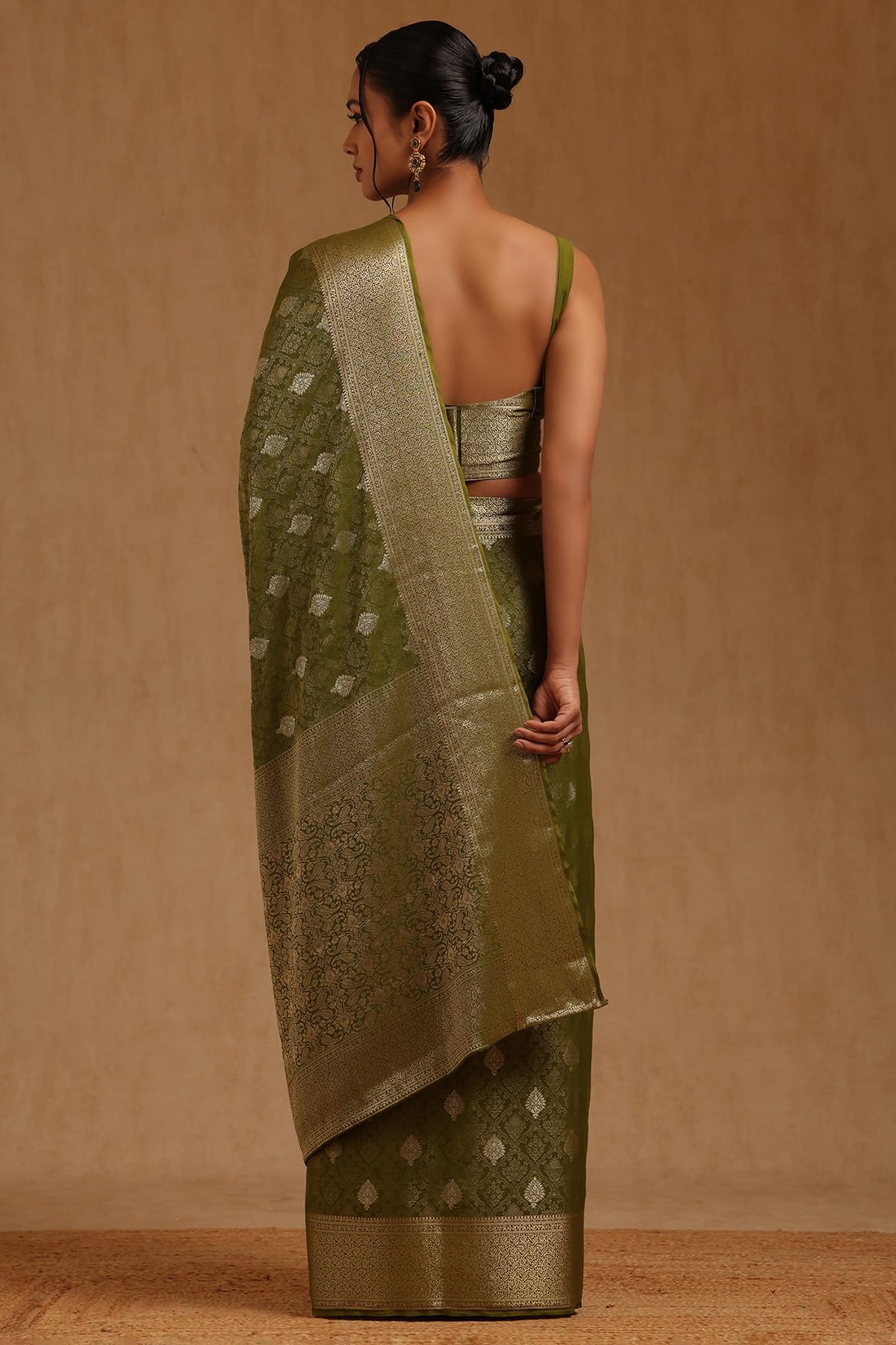 Soch Womens Olive Georgette Ethnic Motifs Zari Woven Saree