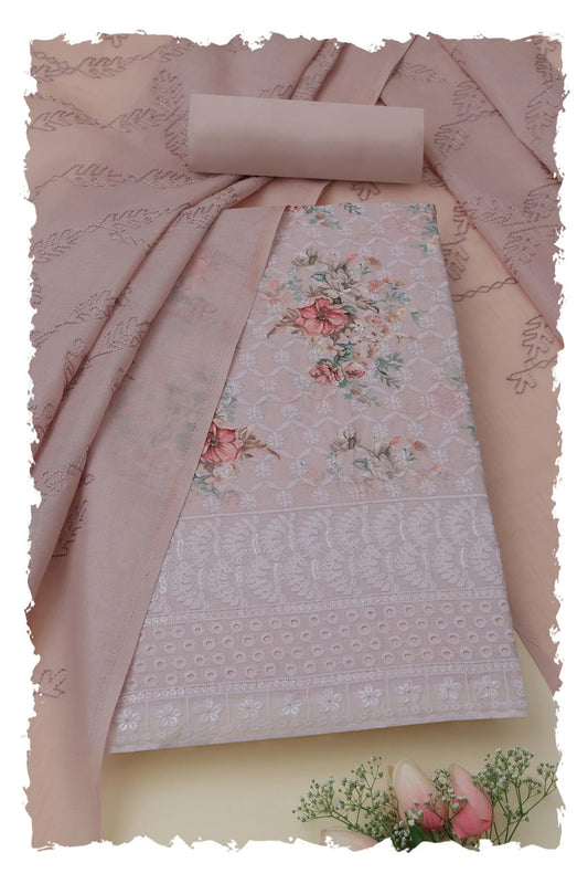Soch Womens Blush Pink Cotton Floral Print Unstitched Dress Material With Thread Work