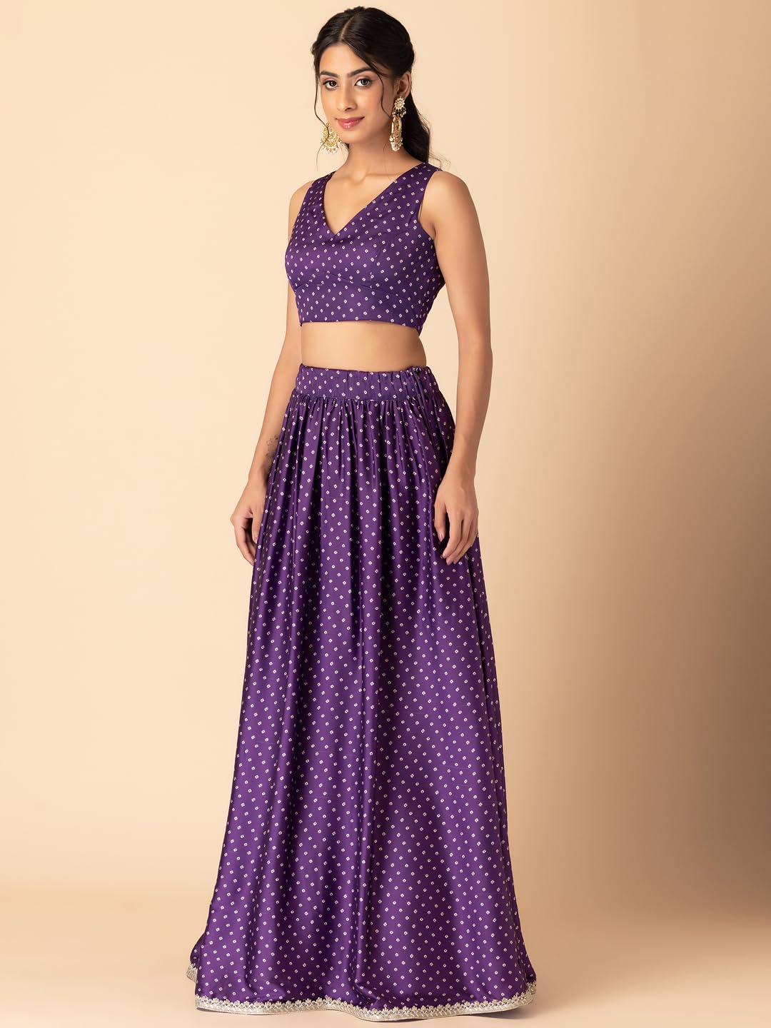 Indya Women's Satin Lehenga Sets (ICD00452_Purple_L)