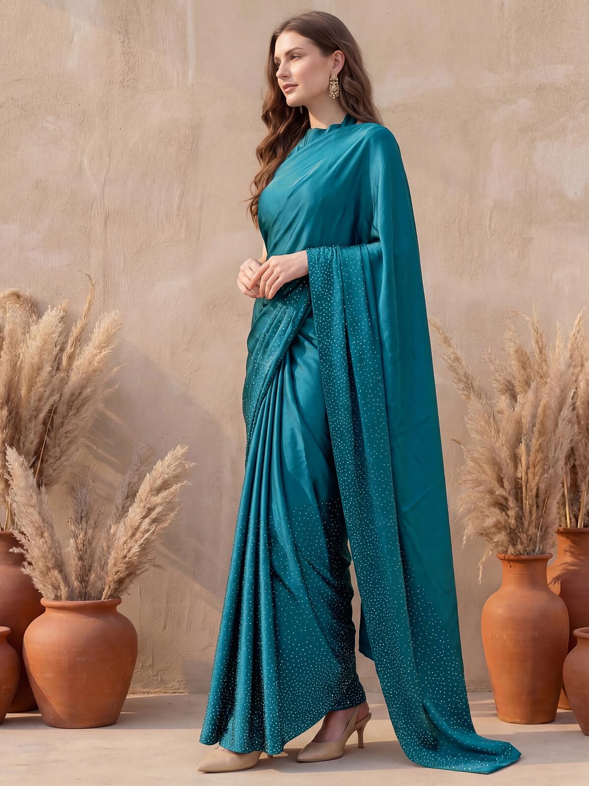 SIRIL Women's Satin Silk Dyed Embellished Saree with Unstitched Blouse Piece (3111S413AAA_Teal Blue)