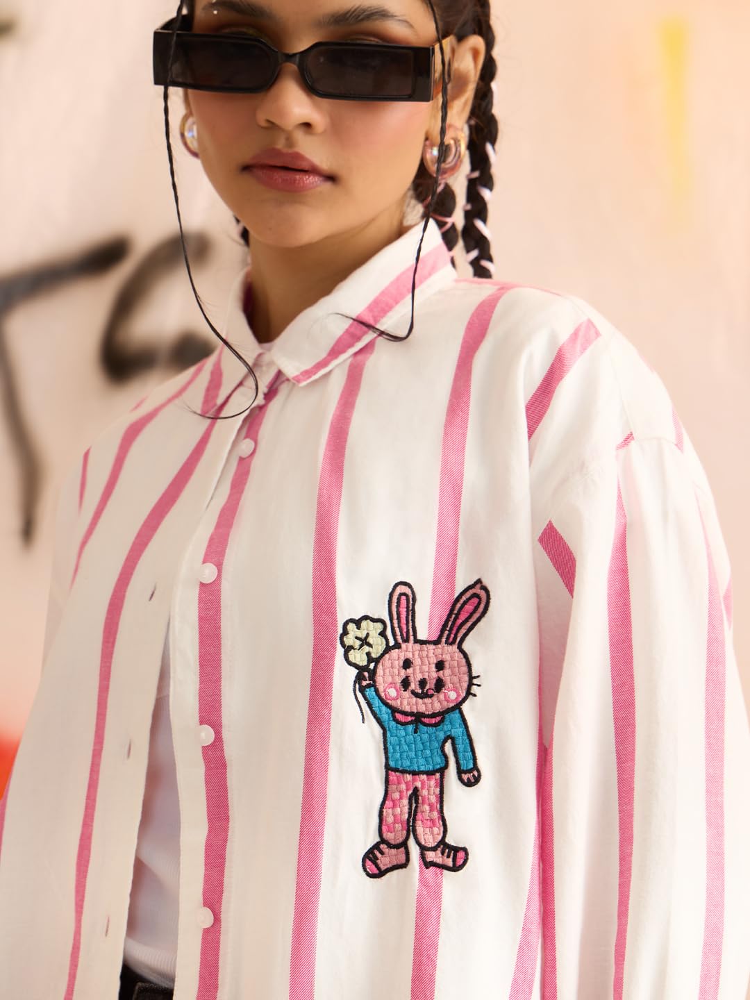 The Souled Store Pink Stripes: Clover Bunny Women and Girls Long Sleeves Spread Collar Button Front Striped Embroidered Cotton Oversized Fit Lightweight Comfortable All-Season Boyfriend Shirt