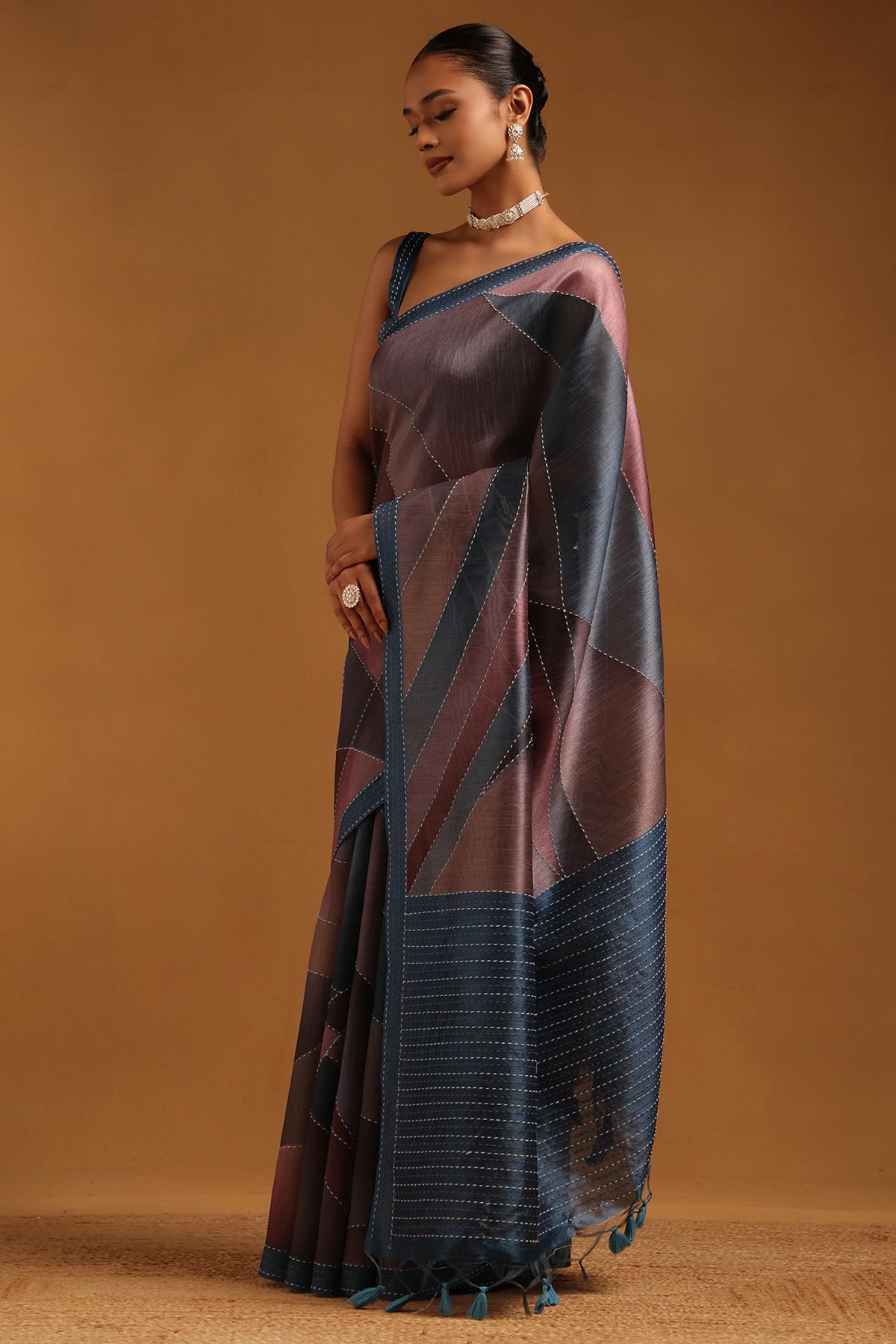 Soch Womens Blue Tussar Abstract Saree With Thread Work