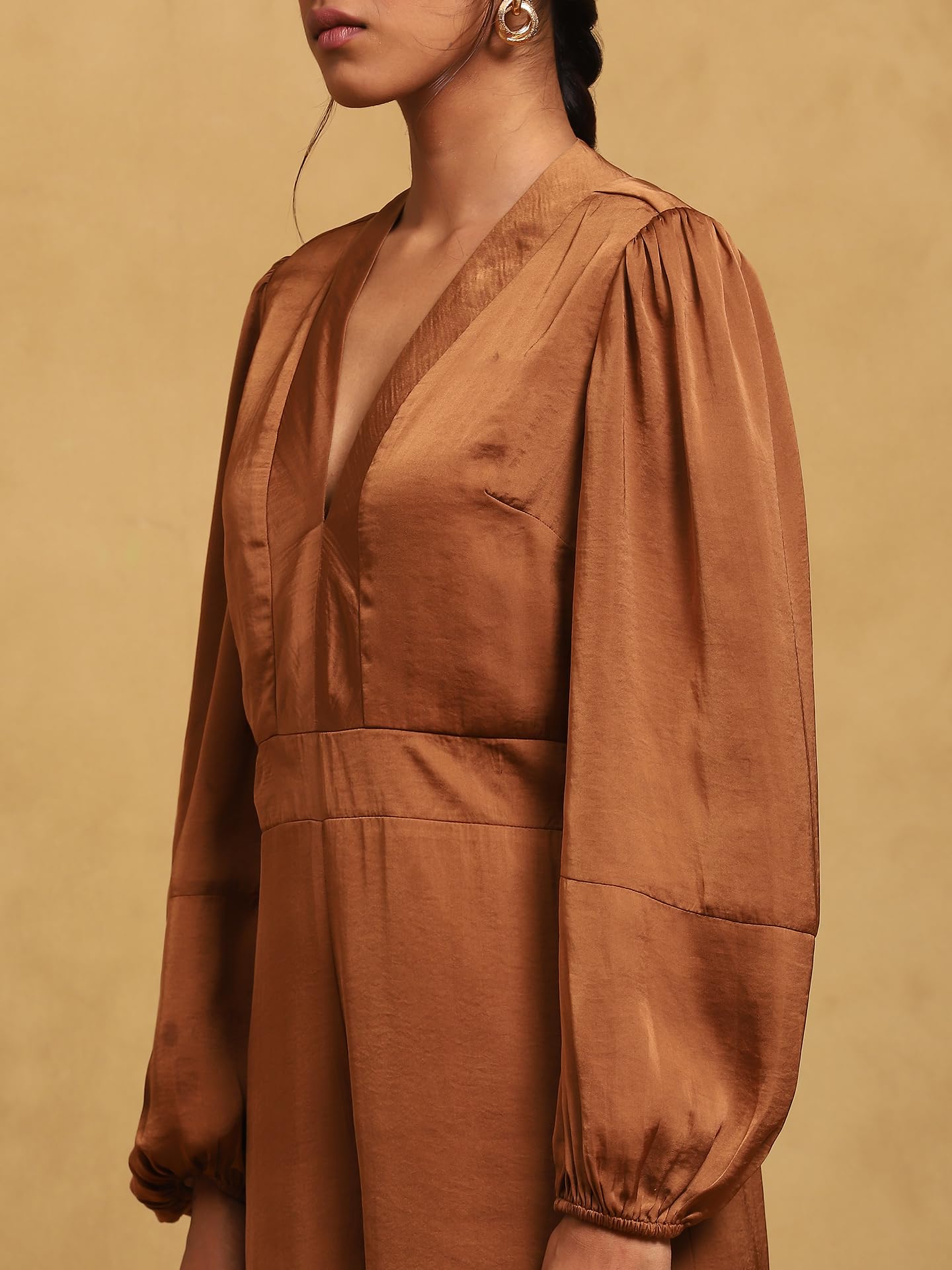 Ritu Kumar V-Neck Full Sleeves Solid Jumpsuit Brown