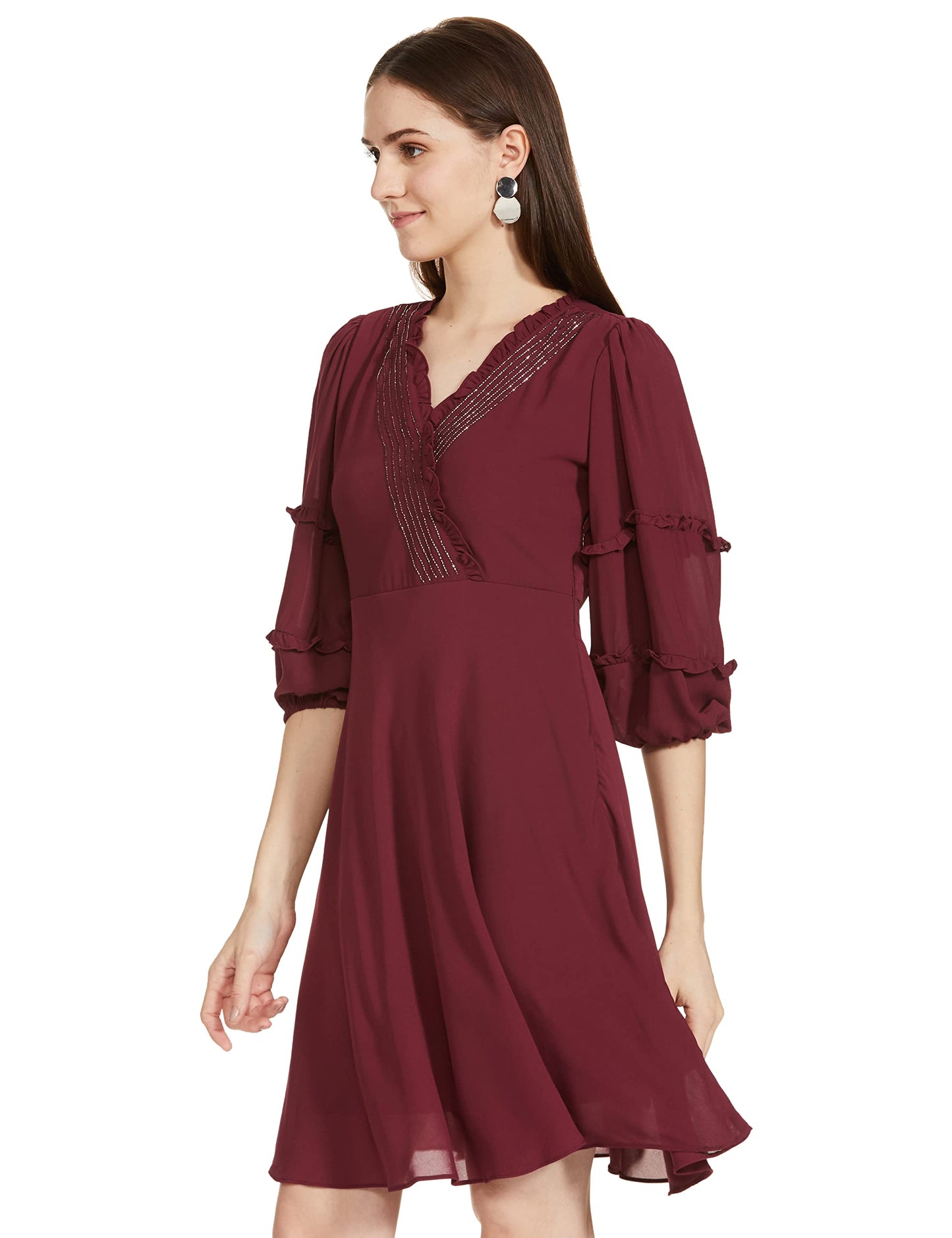 AND Women's Polyester Wrap Knee-Length Dress (EE22AB062DRPG_Wine_12)