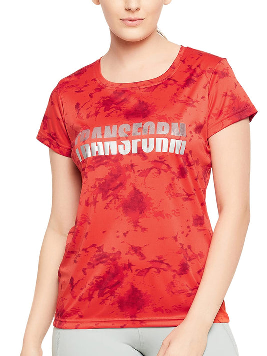 Clovia Women's Comfort-Fit Active Text Print T-Shirt with Reflective Sticker (AT0179P04_Red_M)