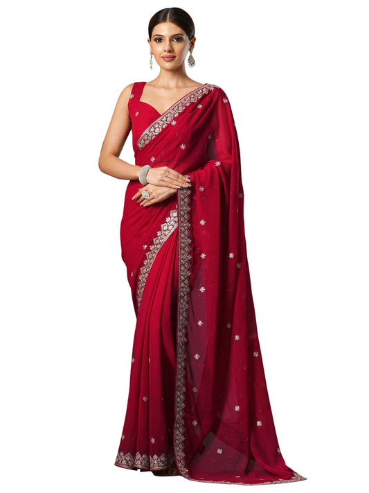 SAREE MALL Women's Pink Georgette Embroidered Saree With Unstitched Blouse (JAYSHREE5001_JS)