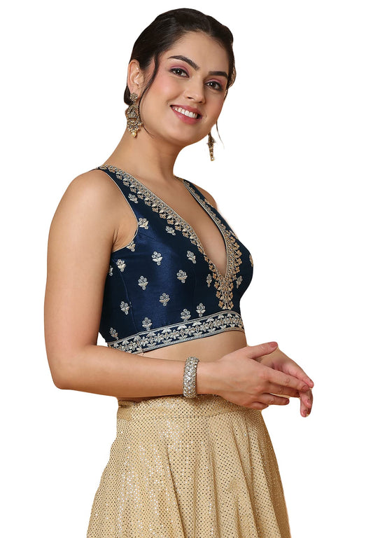 S SALWAR STUDIO Women's Navy Blue Mulbury Silk Readymade Saree Blouse-SSB4530-NVBL