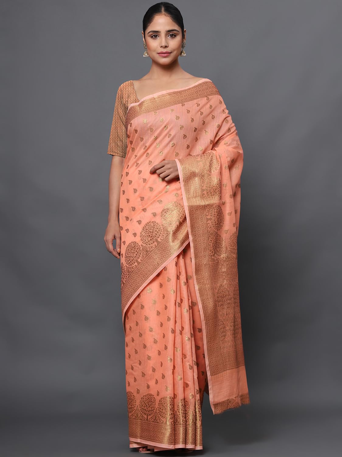leeza store Women's Peach Cotton Silk Blend Golden Zari Tree Pattern Border Rich Pallu Banarasi Saree With Blouse Piece