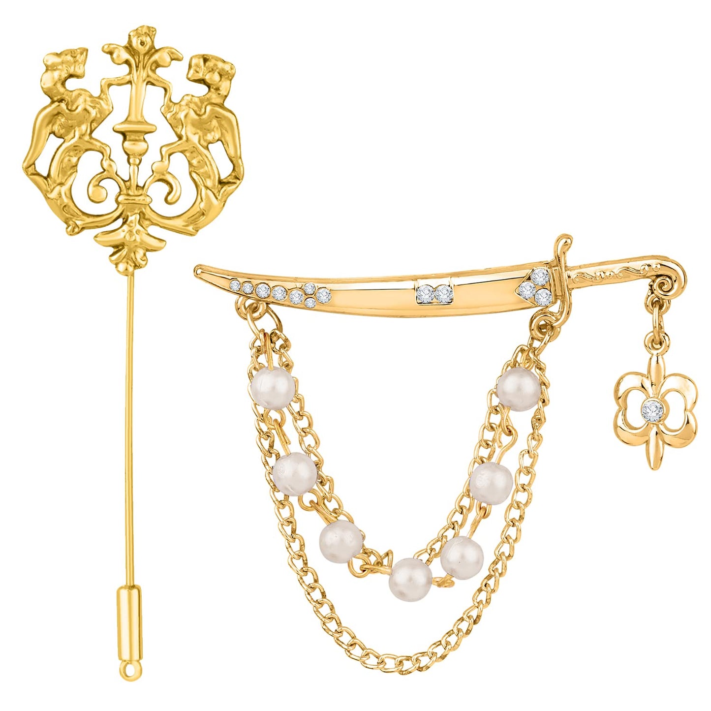 Mahi Combo of Sword and Royal Lion Shaped Layered Chain Wedding Brooch/Lapel Pin with White Crystals, Artificial Pearls for Men (CO1105504G)