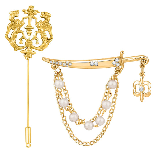 Mahi Combo of Sword and Royal Lion Shaped Layered Chain Wedding Brooch/Lapel Pin with White Crystals, Artificial Pearls for Men (CO1105504G)