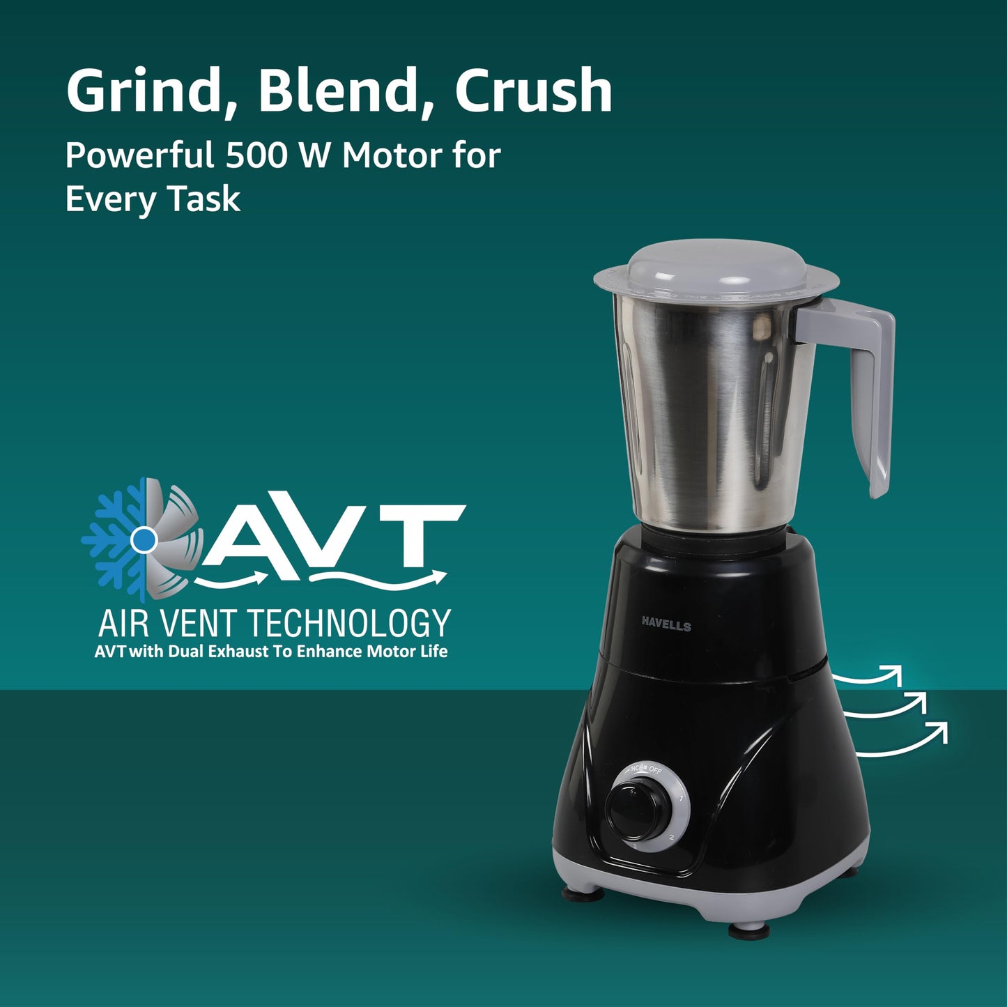 Havells Pulse 500 Watt Mixer Grinder | 3 Stainless Steel Leak-Resistant Jars (400ml, 800ml, 1.2L) | 3 Speed Control | Heavy-Duty ABS Body | Durable SS Blades | Air Vent Technology | Black