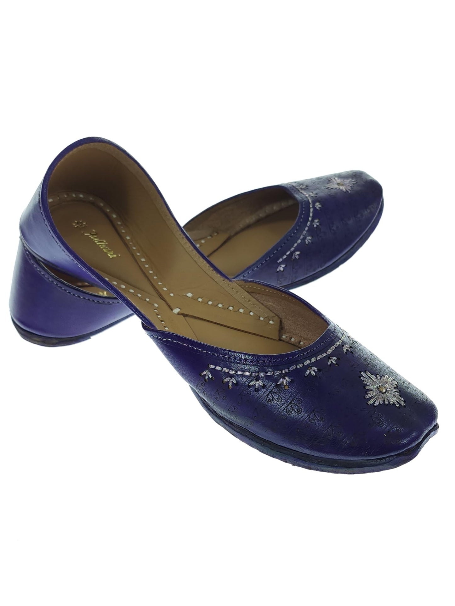 Fulkari Women's 3D Daimond Blue Gold Zarriwork Genuine Soft Leather Jutis | Bite and Pinch Free Juttis | Punjabi Jutti | Girl's Office Flat Ladies Mojari | dailywear Ethnic Juti | 36