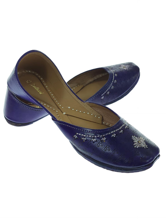 Fulkari Women's 3D Daimond Blue Gold Zarriwork Genuine Soft Leather Jutis | Bite and Pinch Free Juttis | Punjabi Jutti | Girl's Office Flat Ladies Mojari | dailywear Ethnic Juti | 36