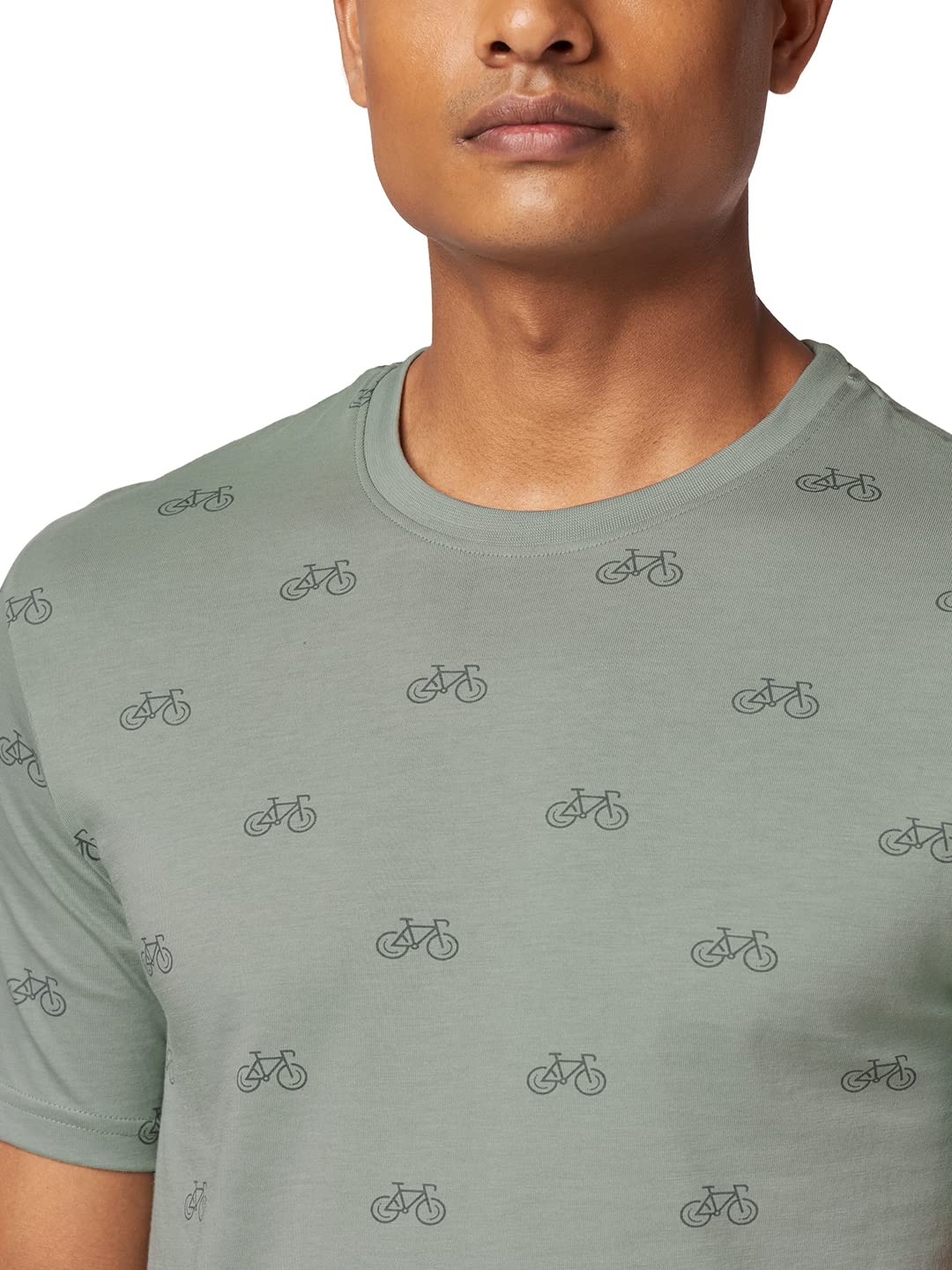 The Souled Store Men Cycle Pattern Sage Green Printed Supima Drop Cut T-Shirts (XX-Large) Supima Drop Cut T-Shirts Fashionable Trendy Graphic Prints Pop Culture Merchandise
