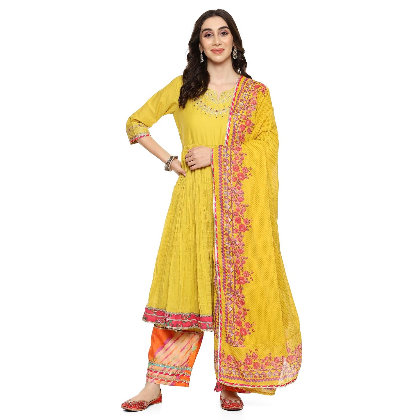 BIBA Women Cotton Solid Anarkali Salwar Kurta Dupatta(Skdpassion 8912_Mustard_36)