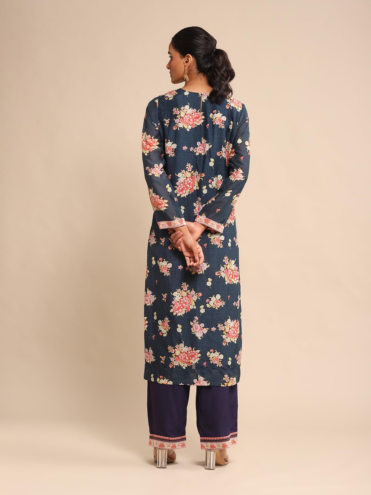 Ritu Kumar Navy Floral Print Chanderi Kurta With Palazzo And Dupatta