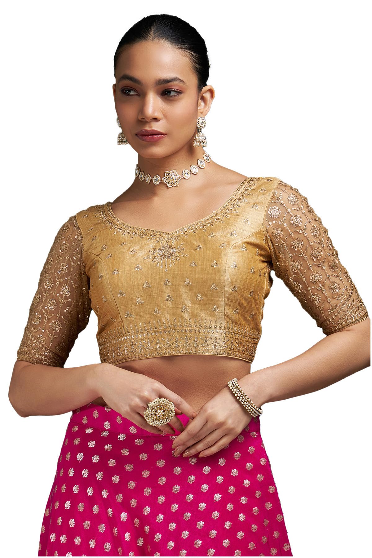 Soch Womens Gold Zari Embroidery Silk Blend Padded Blouse with Sequins