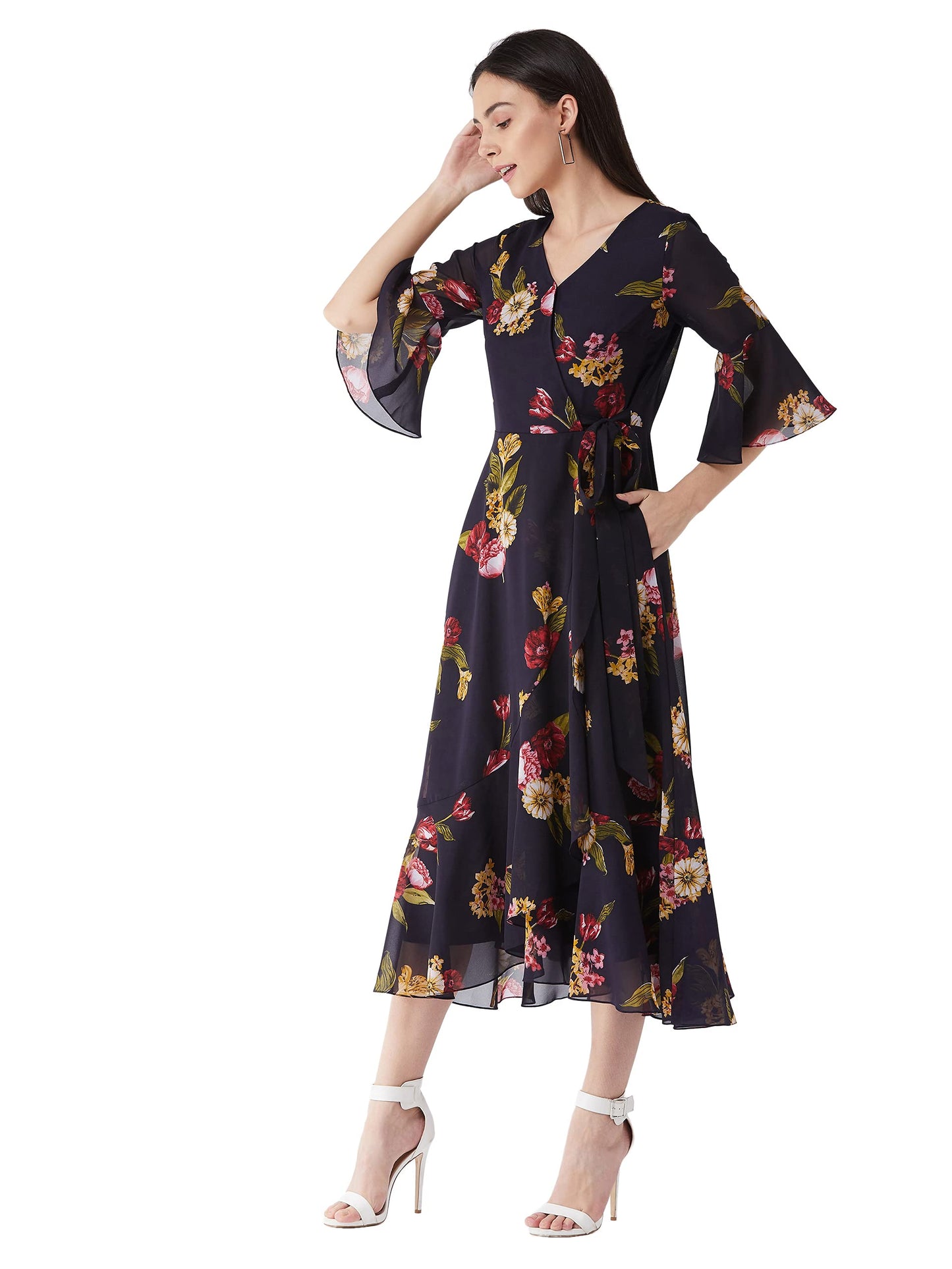 Miss Chase Women's Multicolored- Base- Navy Blue V Neck 3/4th Sleeve Floral Ruffled Maxi Dress (MCAW21D06-13-224-05,Multicolored- Base- Navy Blue,L)