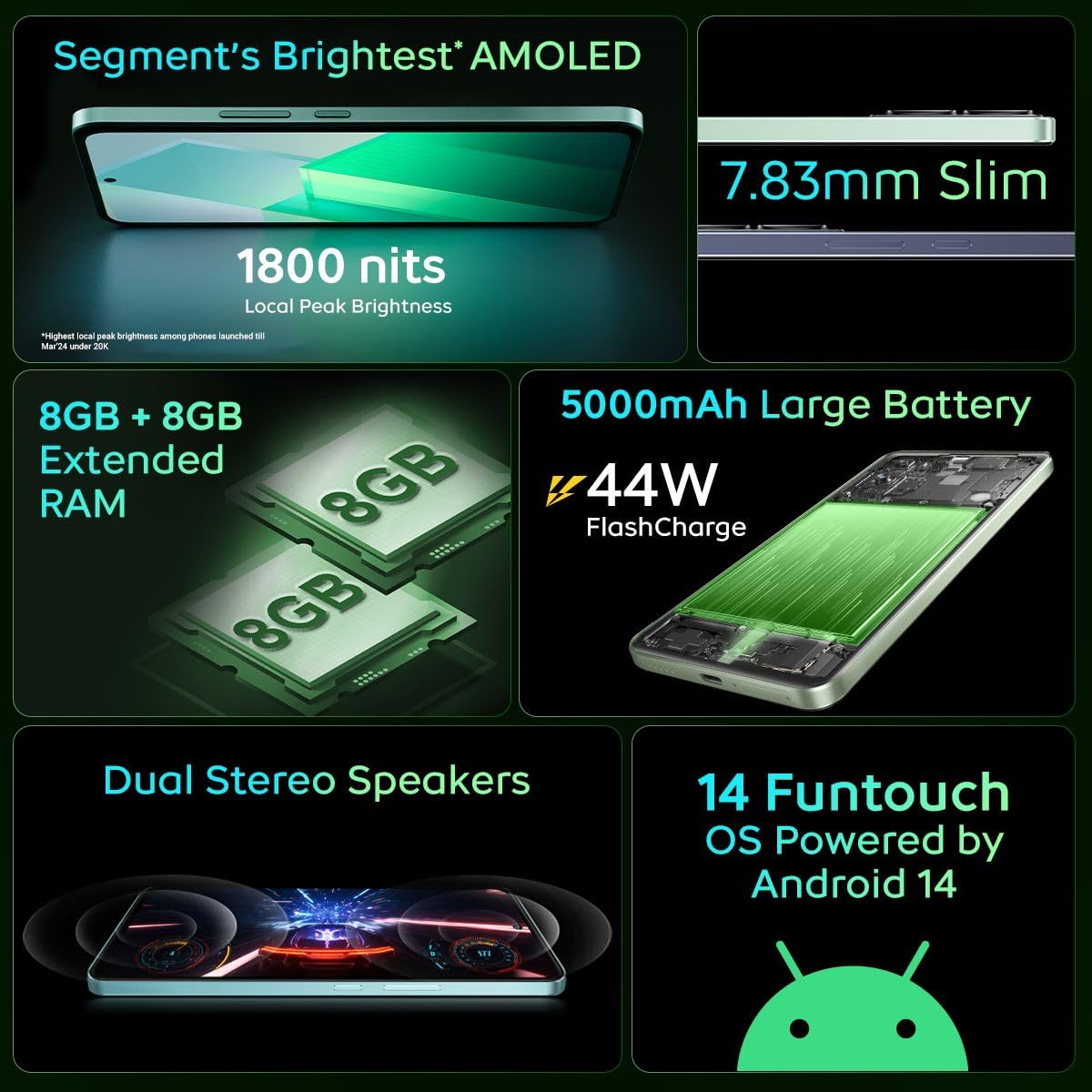 iQOO Z9 5G (Brushed Green, 8GB RAM, 256GB Storage) | Dimensity 7200 5G Processor | Sony IMX882 OIS Camera | 120Hz AMOLED with 1800 nits Local Peak Brightness | 44W Charger in The Box