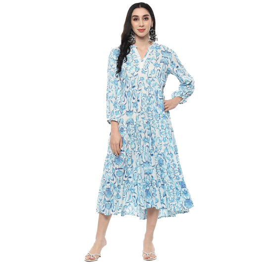 BIBA Women Printed Tired One Piece Dress, Ankle Length Dress Mix and Match(Summer Staples Collection2378_White_34)