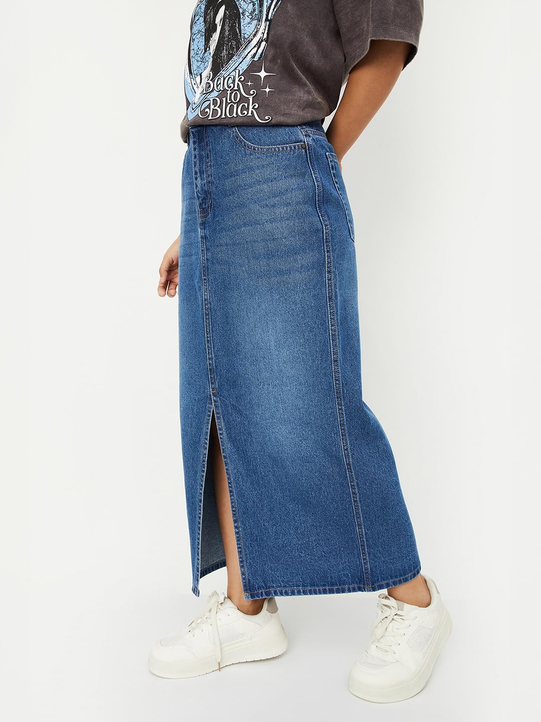 Max Women Washed Denim Skirt (Blue_34)