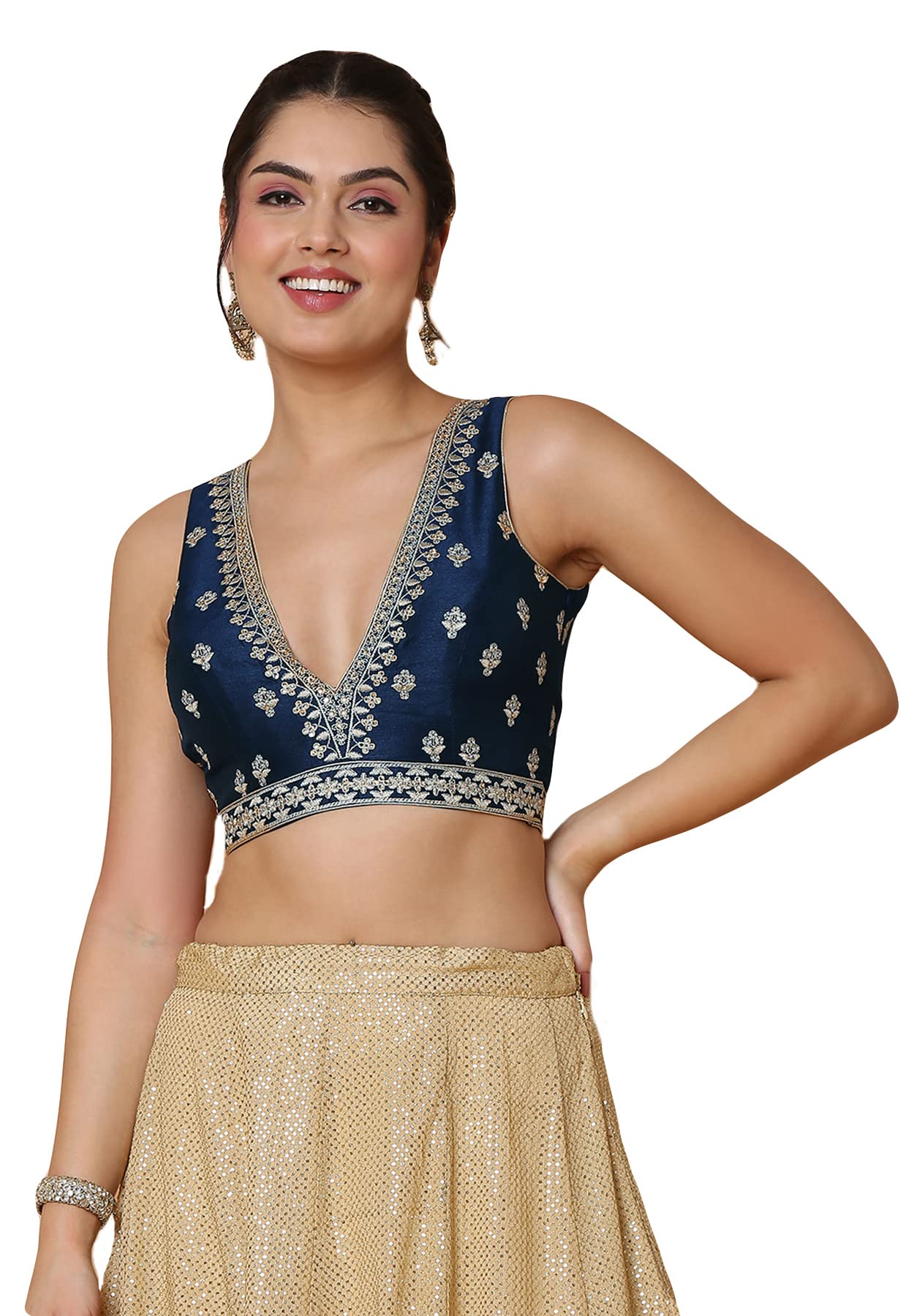 S SALWAR STUDIO Women's Navy Blue Mulbury Silk Readymade Saree Blouse-SSB4530-NVBL