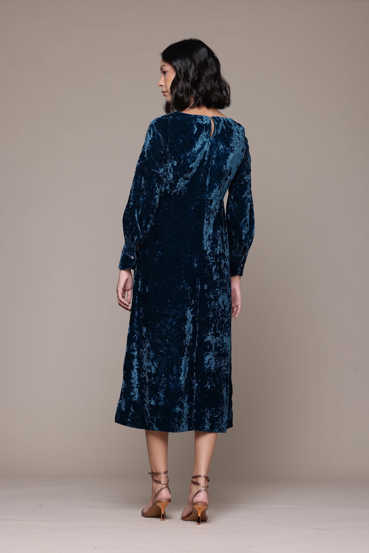 Aarke Ritu Kumar Teal Inara Velvet Midi Dress