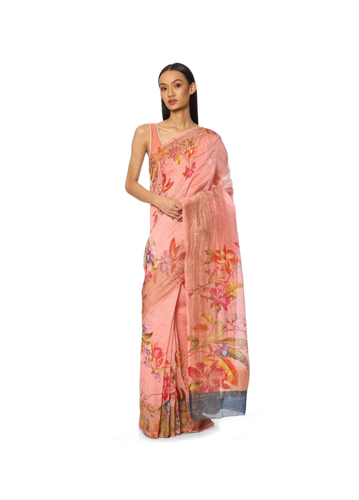 Satya Paul Linen Pink Peach Printed Silk Saree for Women