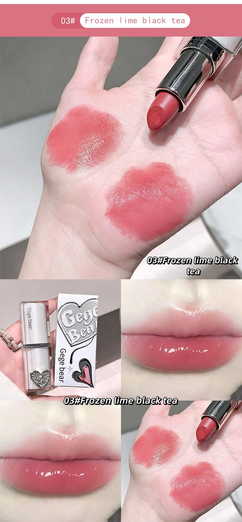 Gege Bear Crystal Clear Love Sandwich Lipstick for Women | Glossy Mirror Shine | Moisturizing, Lightweight & Non-Sticky Formula | Love-Tinted Colors that Glide Like Butter | 6 Irresistible Shades to Steal the Spotlight | (03# Frozen Lime Black Tea, 3.8g)