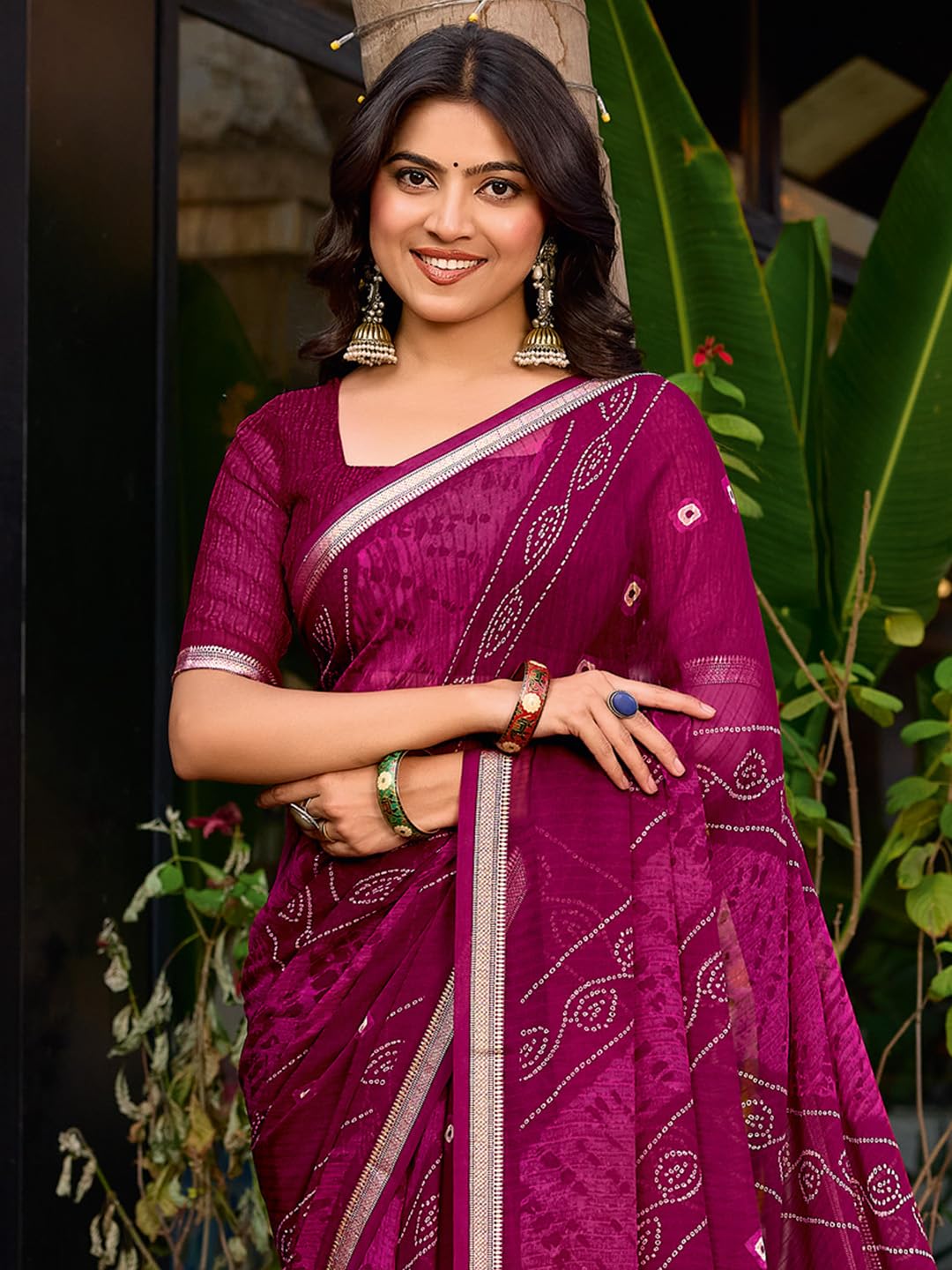 AKHILAM Women's Wine Chiffon Bandhani Print Zari Work Saree With Unstitched Blouse Piece | saree for woman | Designer Saree for Women | Soft and Skin Friendly (BNARSIYA1293_SR)
