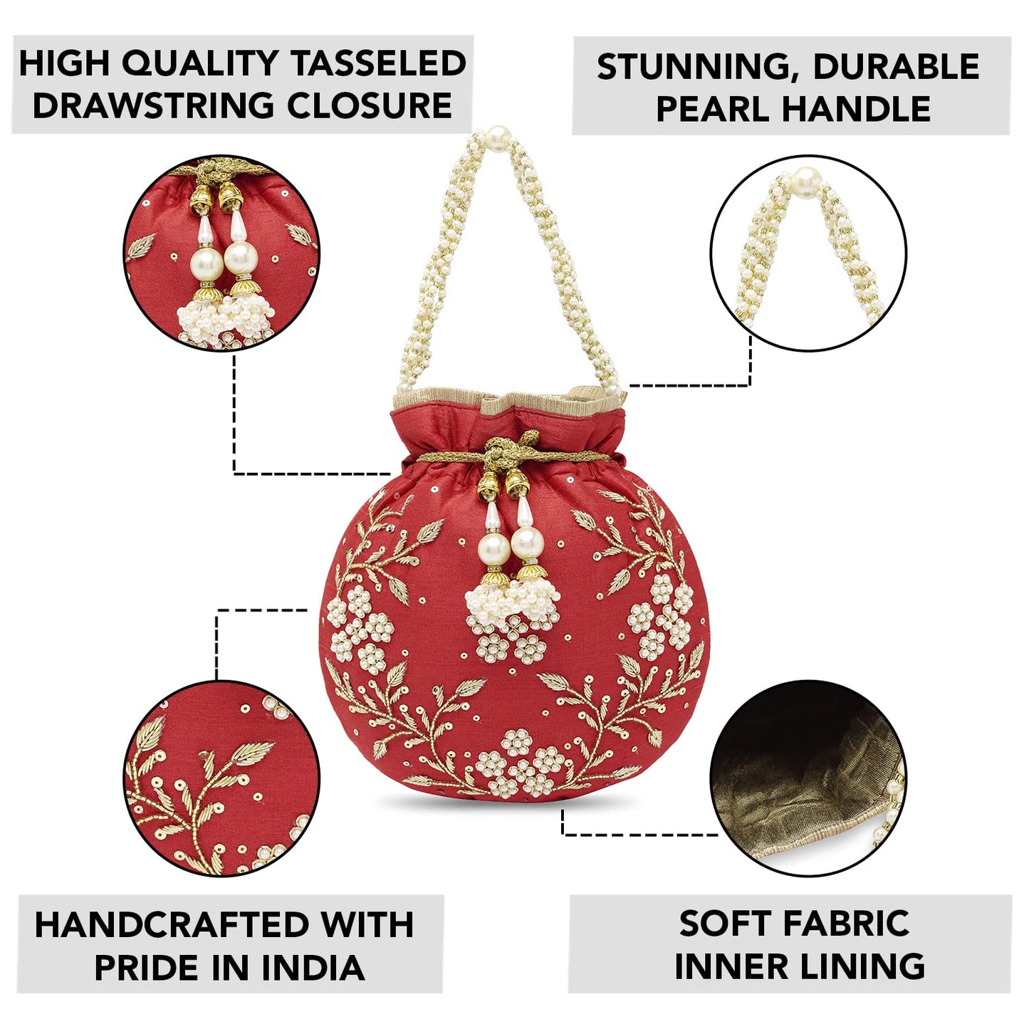 Peora Red Potli Bags for Women Evening Bag Clutch Ethnic Bride Purse with Drawstring(P86R)