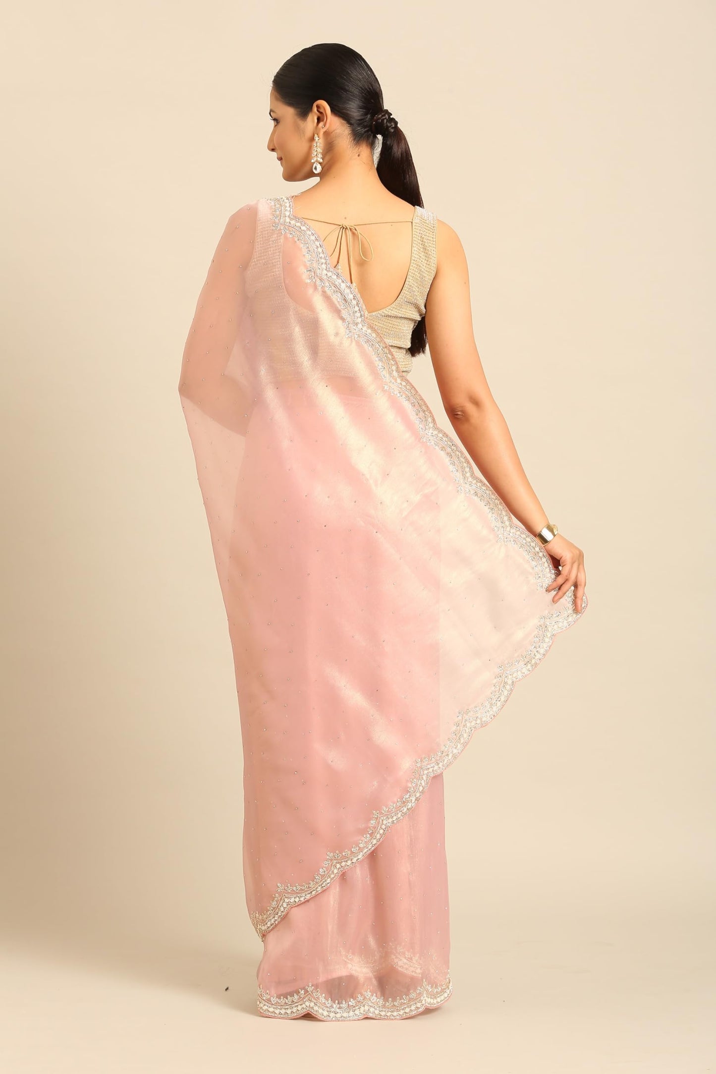 MOHEY Women's Pink Organza Hand Embroidered|Stone Work Saree