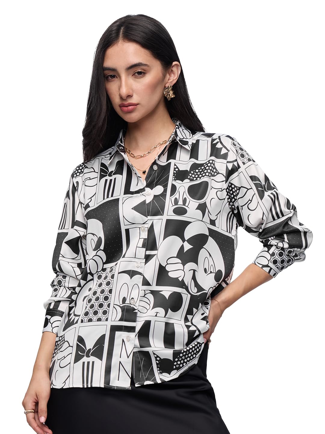 The Souled Store Official Mickey Mouse: Checkered Charm Women and Girls Long Sleeve Collared Neck All Over Print Button Front Regular Fit Shirts Multicolour