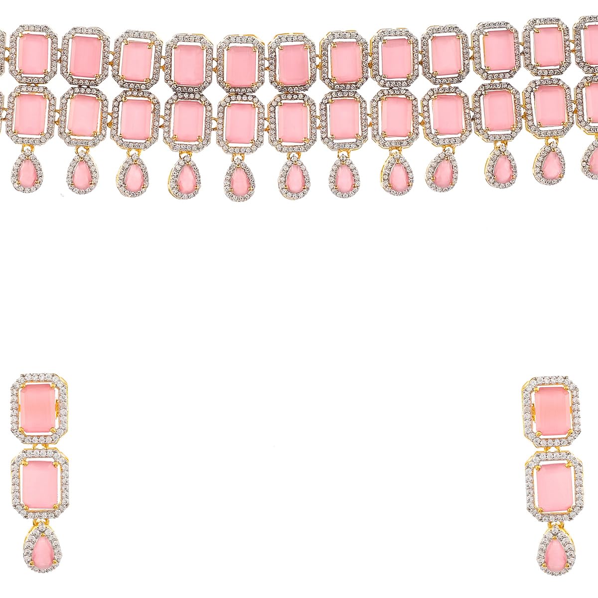 VOYLLA VoyllaSparkling Elegance Opulent Emerald Cut Zircons Gold Plated Jewellery Set