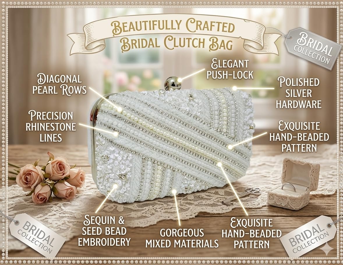 DUCHESS White Pearl Embellished Clutch for Women | Sequin & Beaded Party Purse | Elegant Wedding Handbag for Girls | Stylish Bridal Accessory | Designer Evening Bag for Festive Occasions