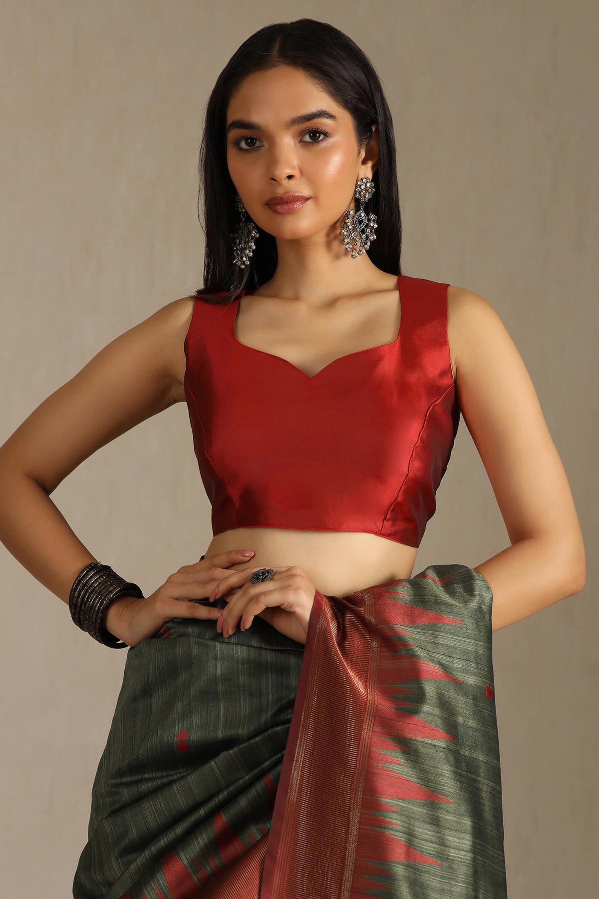 Soch Womens Olive Tussar Woven Design Saree