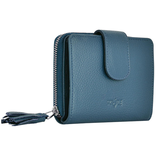 SKYLE Leather Wallet for Women (Blue), RFID Wallets for Girls, Small Ladies Wallet, 14 Card Slots, Cash & Coin Compartment, Purse with Button Closure & Strong Zipper