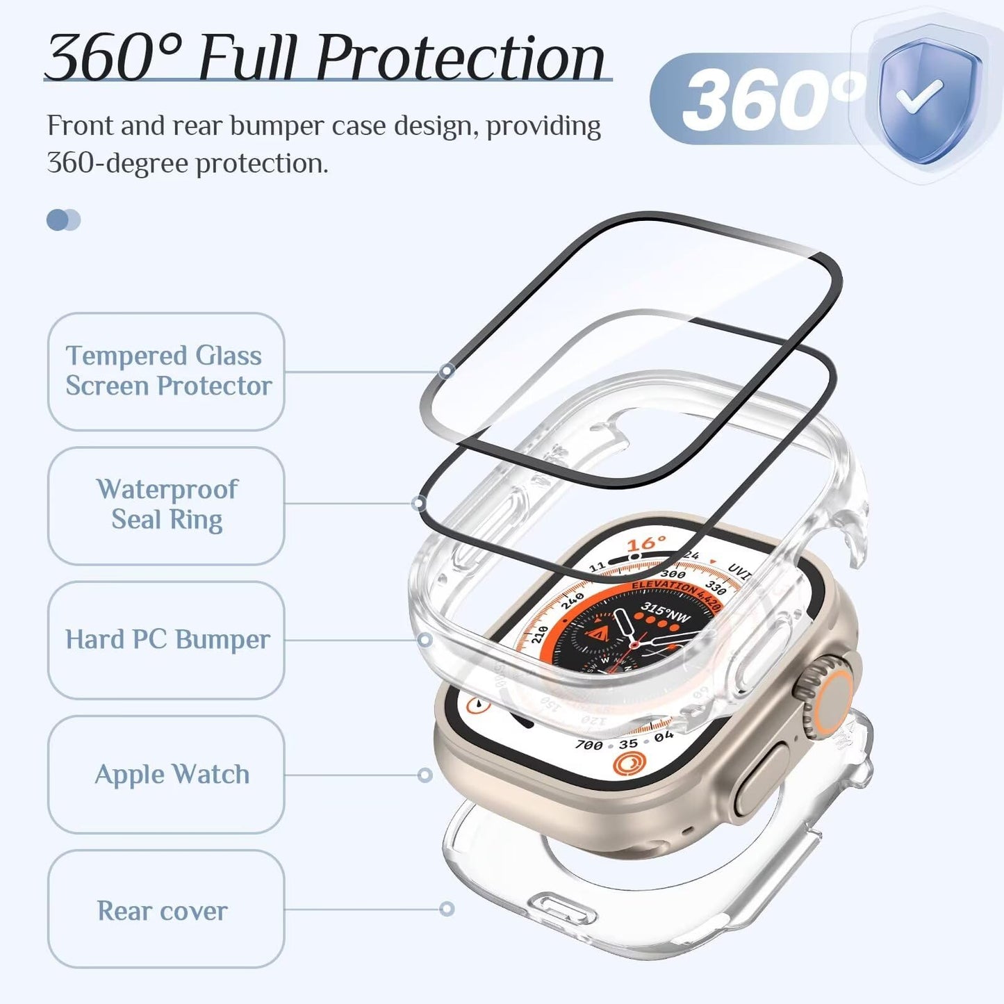 VEMIGON Waterproof Case for Apple Watch Ultra 2 / Ultra with Tempered Glass Screen Protector 49mm, Full Coverage Hard PC Bumper Back Frame, Protective Cover for iWatch Ultra- (49mm Clear)
