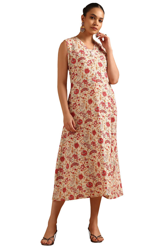 Soch Womens Red Cotton Flex Botanical Dress with Tassels
