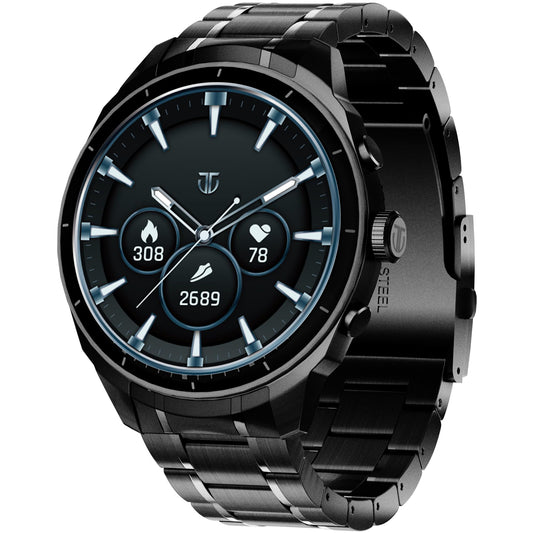 Titan Heritage 1.43" AMOLED Stainless Steel Bracelet Smart Watch for Men, BT Calling, Voice Assistant, Quick Health Measurement, Functional Crown, 3D UI, 60Hz Display, Fast Charging (Black)