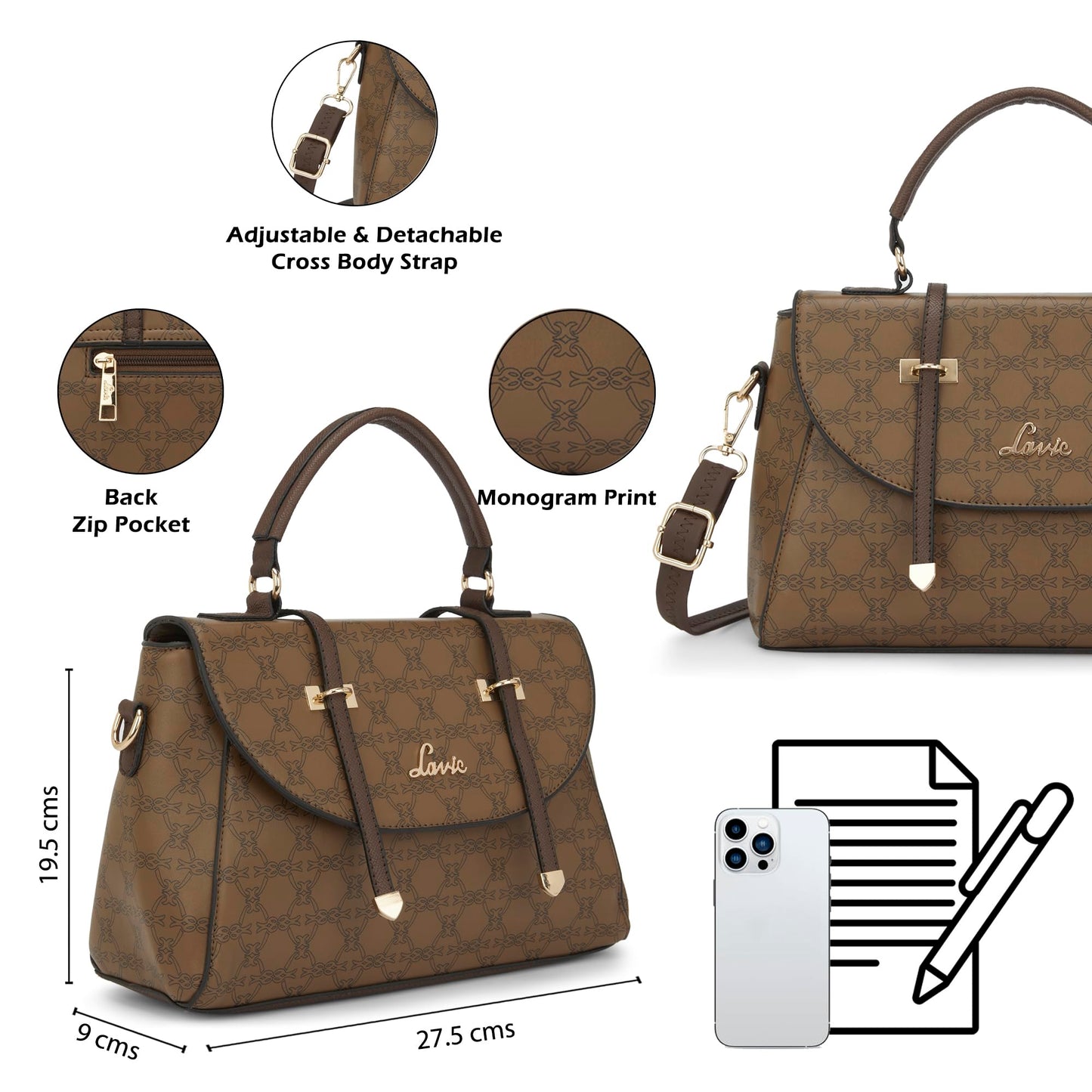 Lavie Women's Mono Beech Flap Satchel Bag for Women | Satchel Handbag for Work | Ladies purse | Stylish Shoulder Bag | Gift for Women