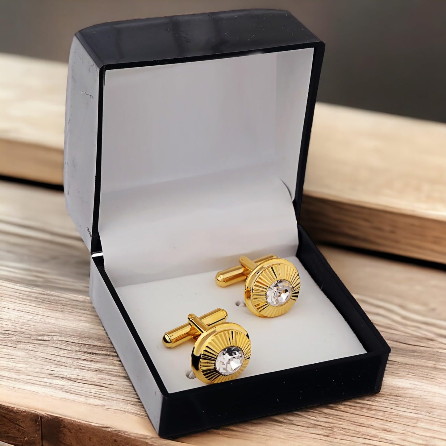 Lucky Jewellery Unique Men Jewelry White Color Stone Gold Plated Sleeve Button Formal Cuff Button Wedding Shirt Button, Suit, Blazer Cufflinks Pair Gift Set For Men (189-M4C4-STTM40RD-W)