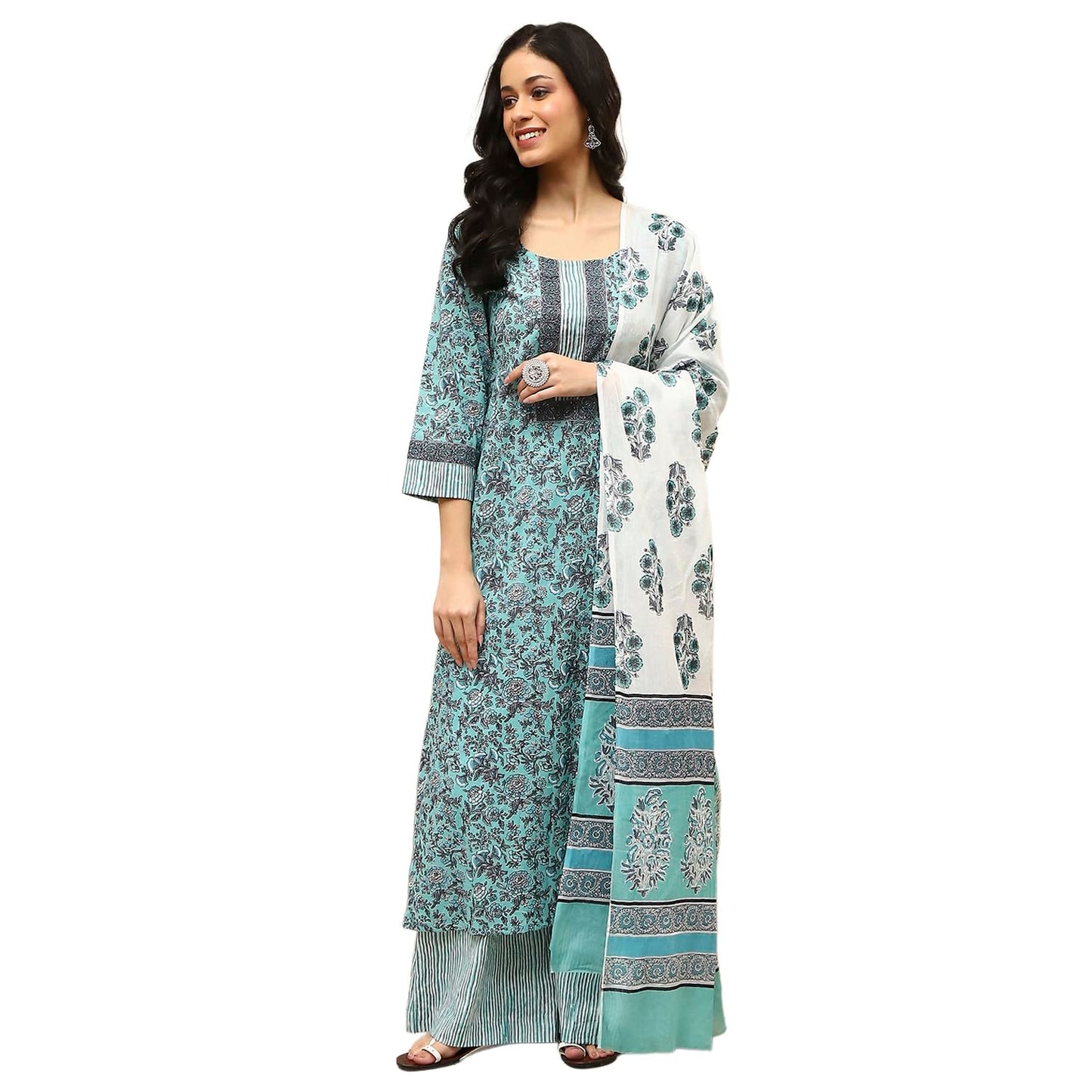 BIBA Women's Turquoise Cotton Hand Block Print Unstitched Suit Set
