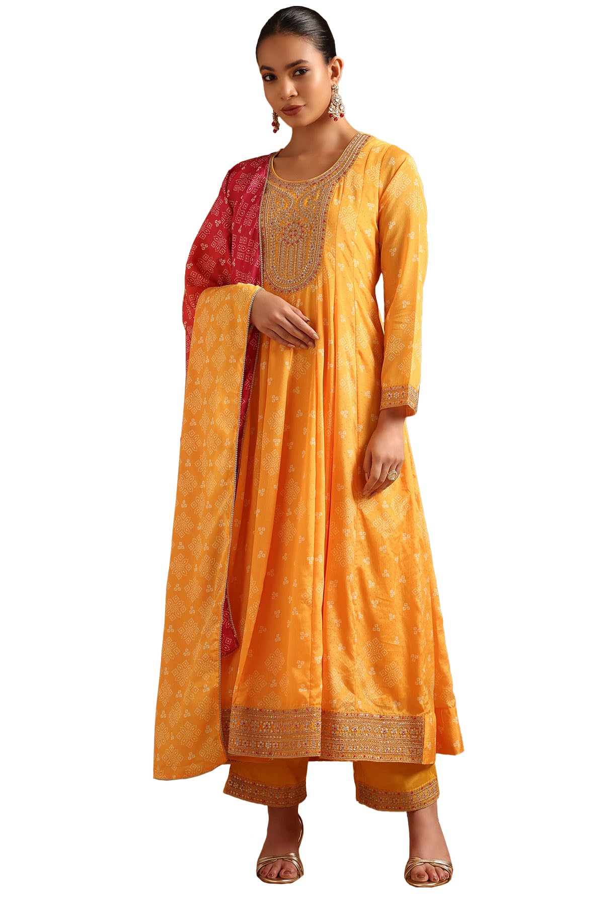 Soch Womens Mustard Chinon Bandhani Salwar Suit With Sequence Work