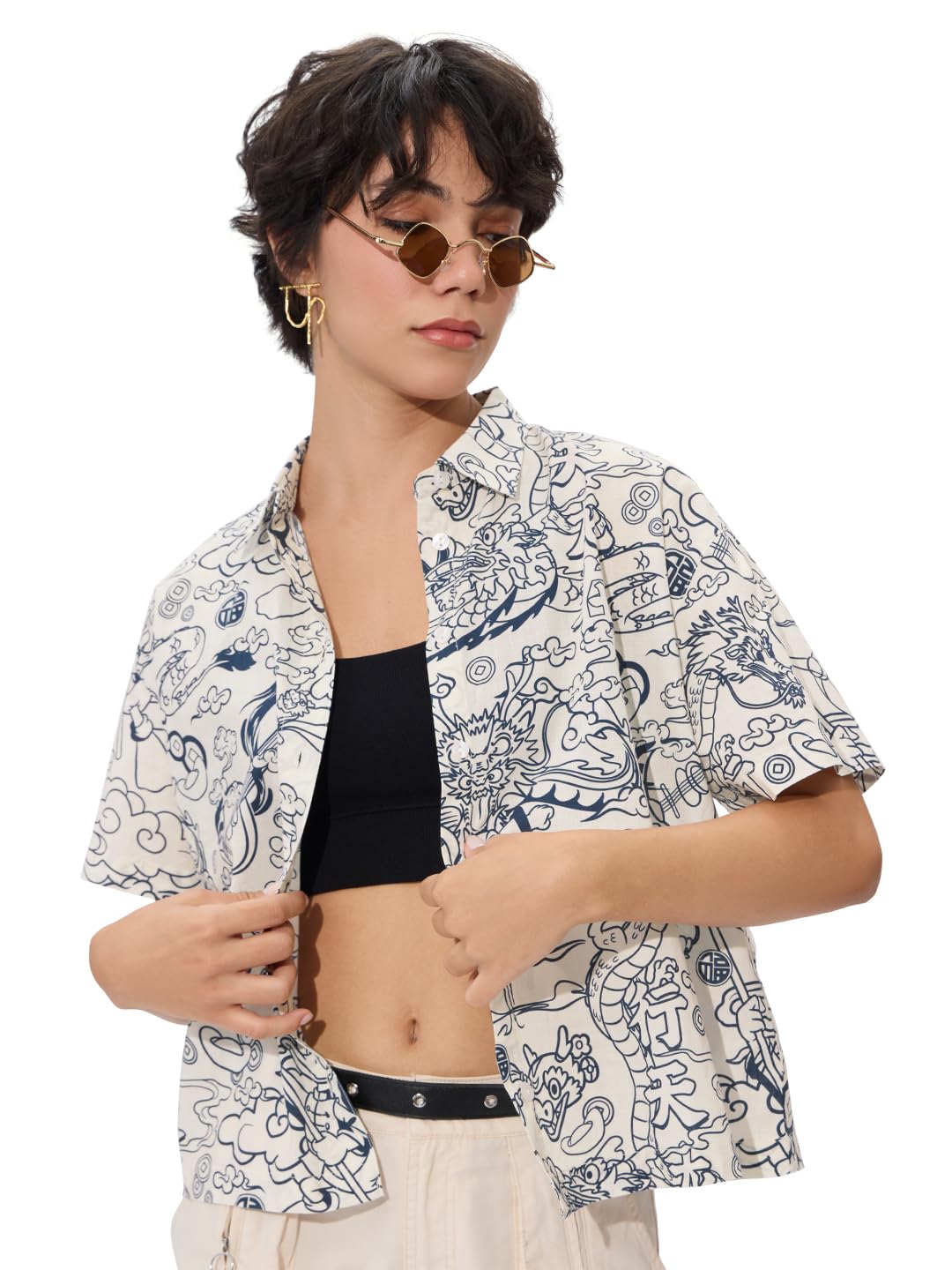 The Souled Store Official Donald Duck Originals: Chinese New Year Women & Girls Long Sleeve Collared Neck Button Down Regular Fit Cotton Shirts White and Blue