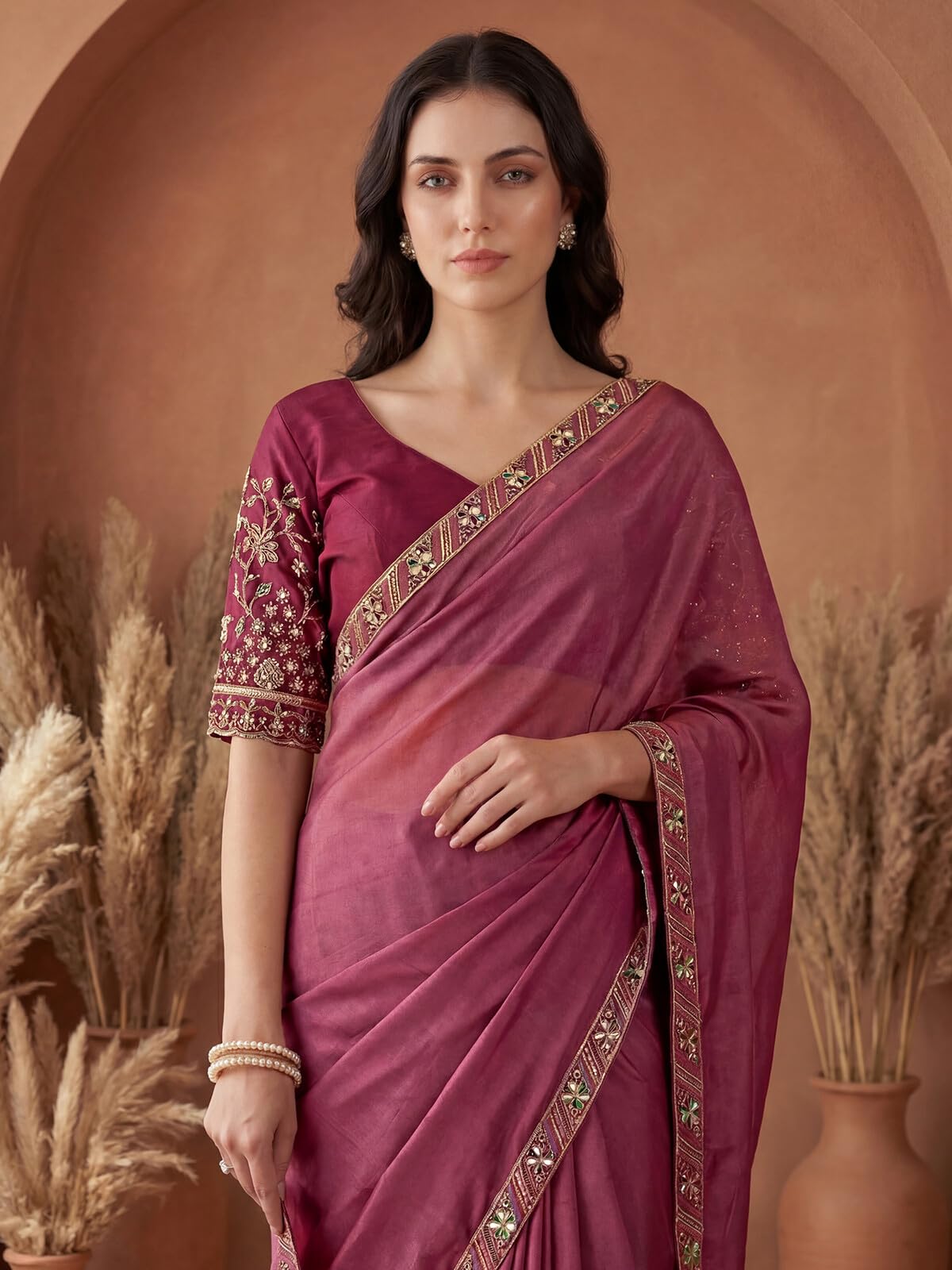 SIRIL Women's Shimmer Georgette Embroidery Saree with Unstitched Blouse Piece (4999S764A_Dusty Rose Pink)