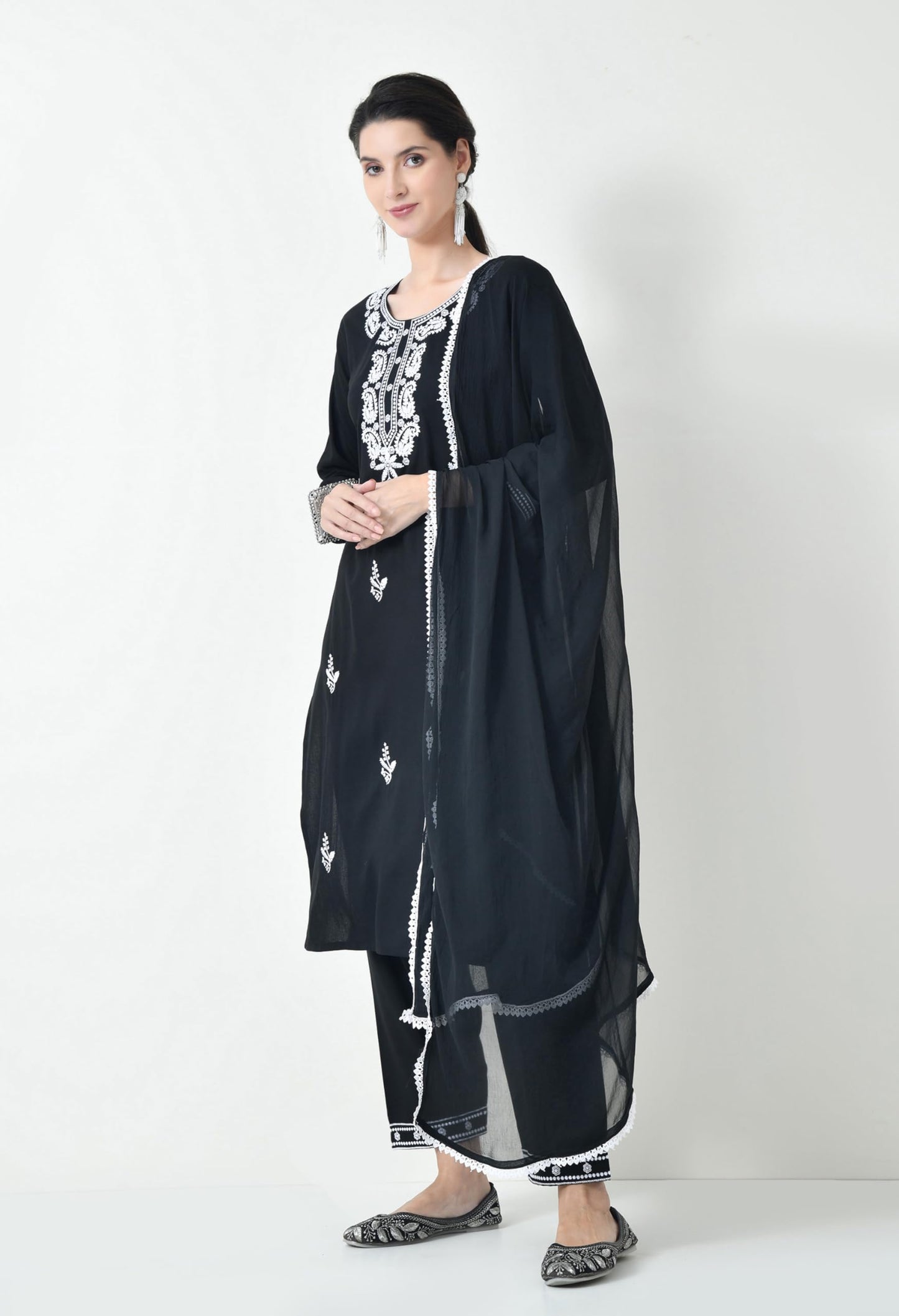 LIBOZA Chikankari Kurta Set for Women, Royon Cotton Straight Design Salwar Suit for Wedding, Diwali & Festival Kurti Pant With Dupatta, Suits Sets for Girls (IN, Alpha, L, Regular, BLACK)