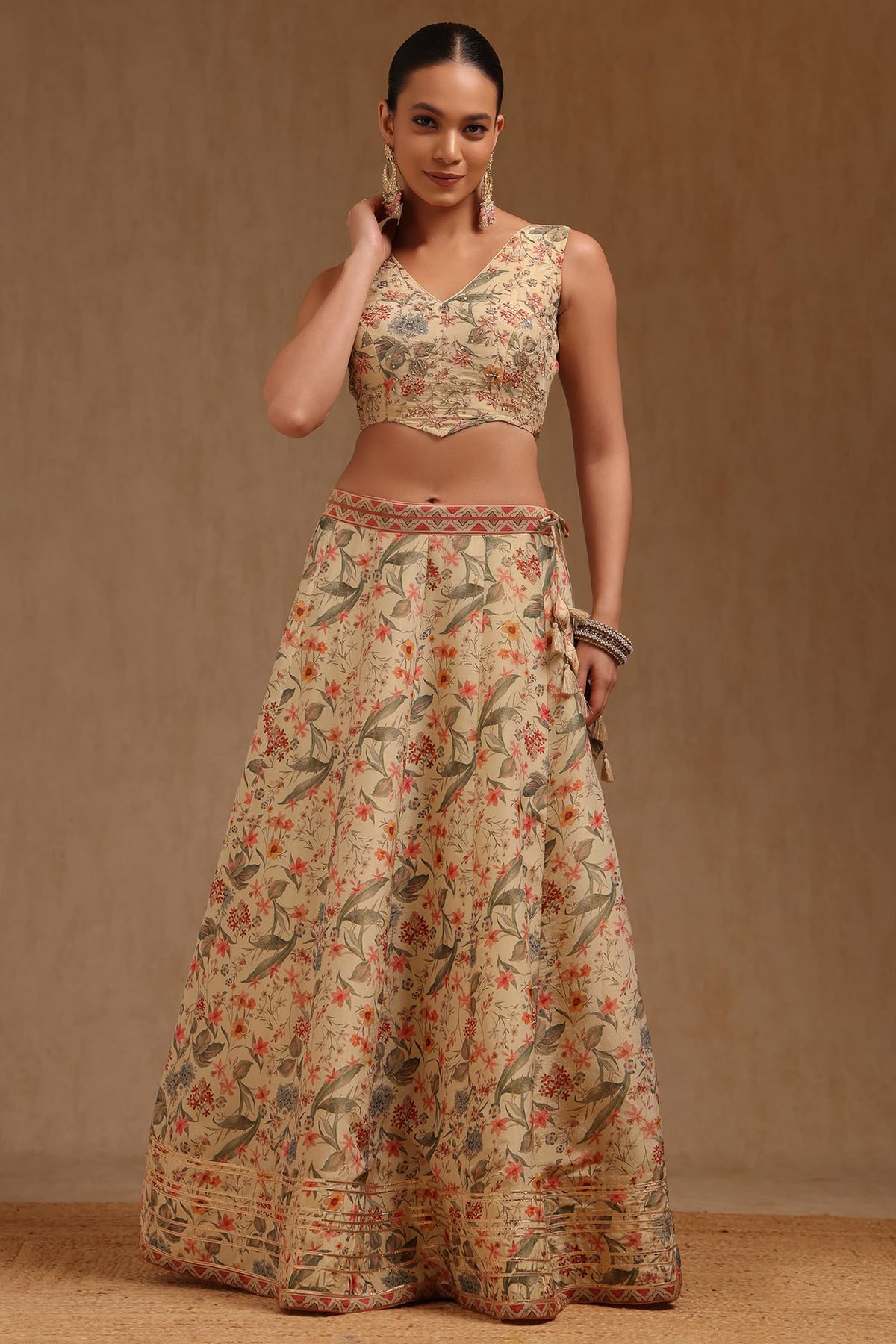 Soch Womens Beige Tissue Botanical Print Ghagra Choli With Thread Work