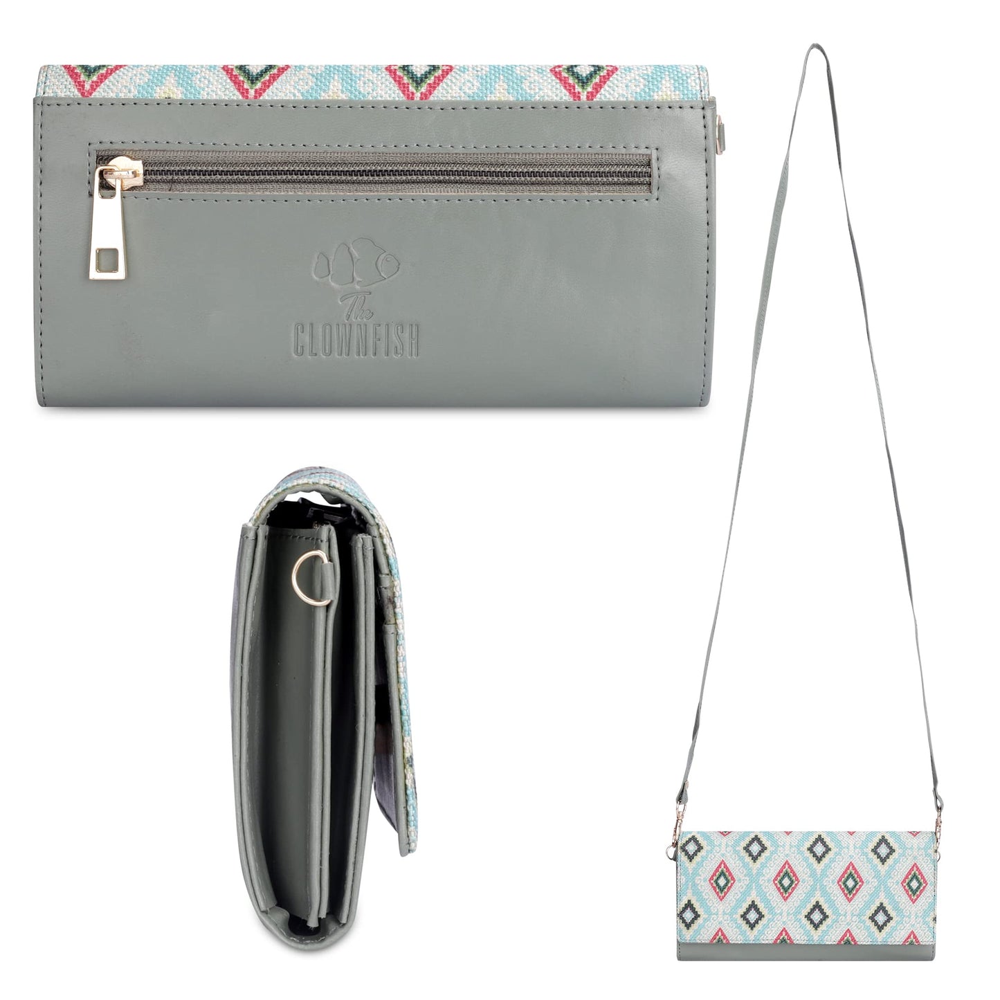 THE CLOWNFISH Jolene Printed Handicraft Fabric & Vegan Leather Women's Wallet Purse Sling Bag with Multiple Card Slots (Skyblue-Diamond)