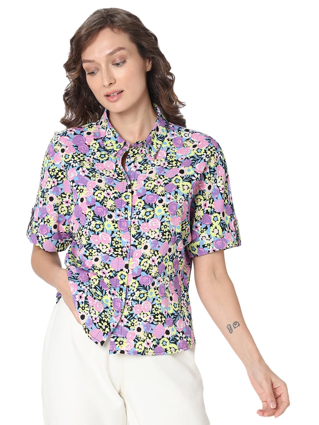VERO MODA Women Floral Print Purple Polyester Regular Fit Shirt